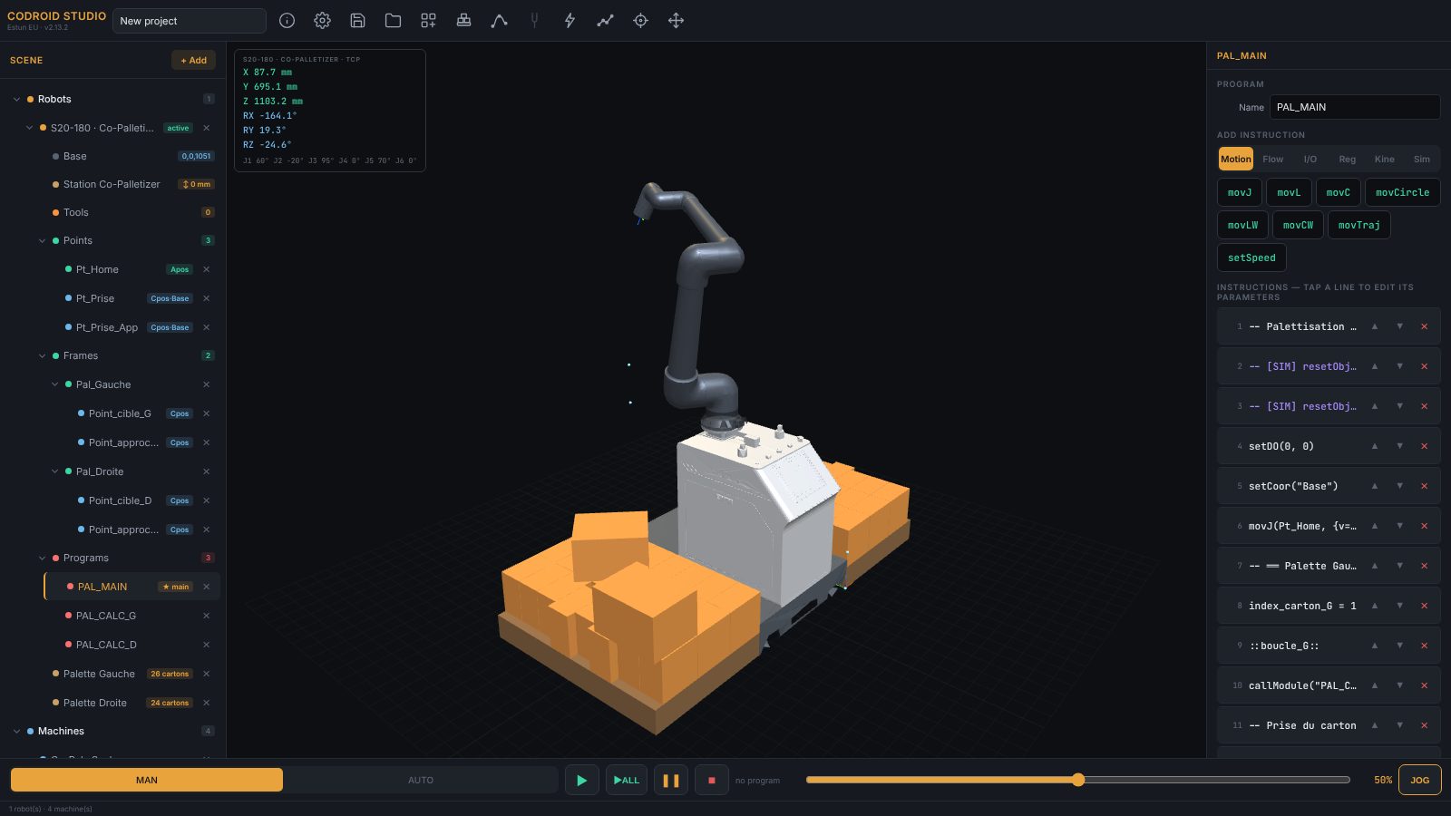 Codroid Studio : robot S20 sur sa station de palettisation, deux palettes en cours de remplissage et le programme PAL_MAIN.